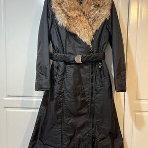 Head Black Long Belted Ski Jacket with Genuine Fur Collar